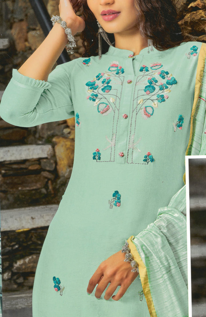 Crunch Silk Kantha Handwork Salwar Kameez Suit with Brush Print Dupatta
