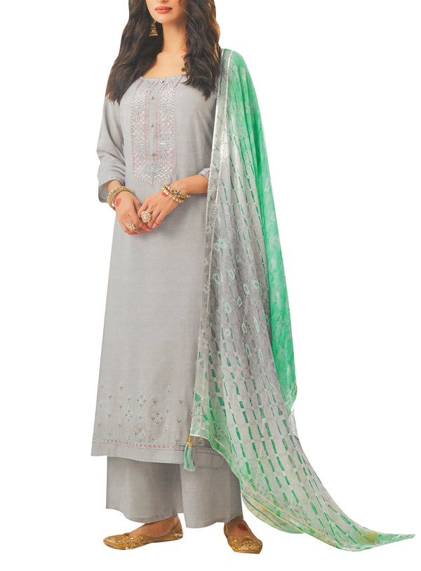 Formal Crepe Silk Embroidered Salwar Kameez Suit with Chiffon Silk Dupatta & Palazzo Pants