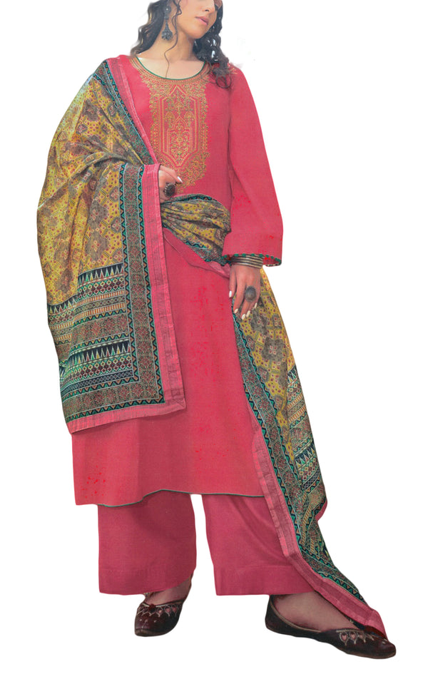 Elegant Plain Cotton Zari Embroidered Salwar Kameez Suit with Printed Cotton Dupatta