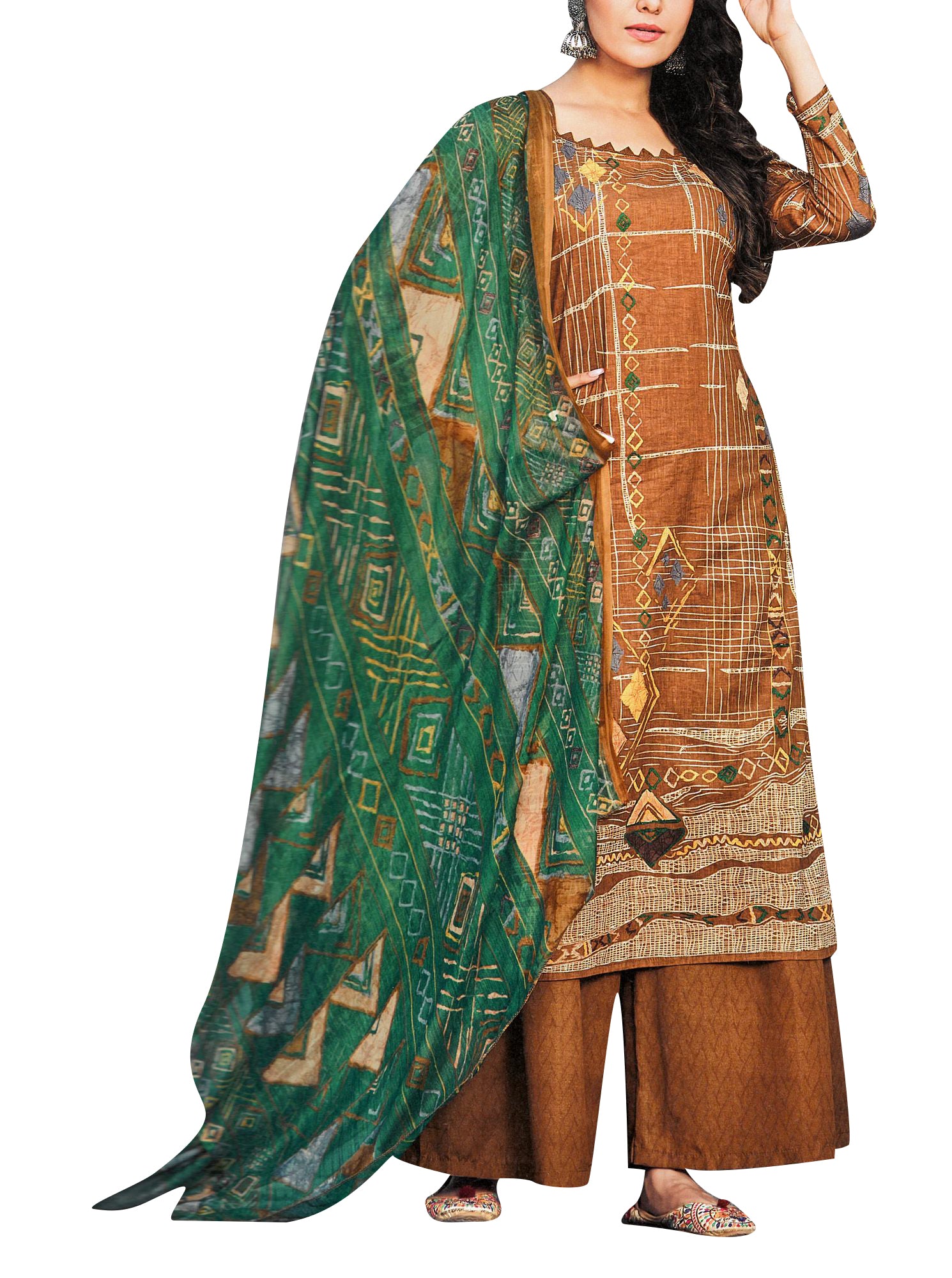 Women's Digital Printed Salwar Kameez 3-Piece Set – Cotton With Cutwork Lace Border, Includes Dupatta