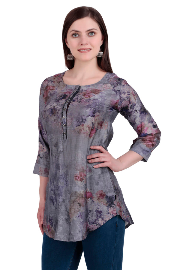 Womens Roman Silk Printed Tunic Top with 3/4 Roll-up Sleeves - Short Kurti 