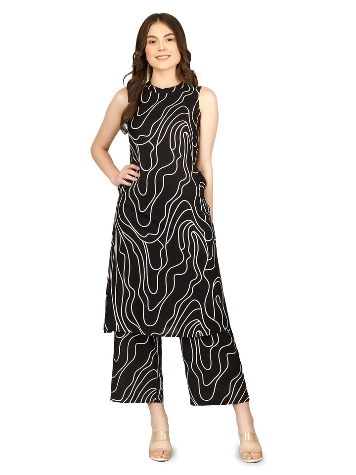 Ladyline Womens 2-Piece Rayon Printed Co-ord Set – Abstract Print Sleeveless Kurta with High Crew Neck and Straight Palazzo Pants - Kurti Tunic Set