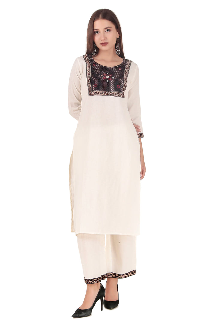 Ladyline Traditional Cotton Kurta with Pants Set - Hand Work Mirror Work Dhabu Print