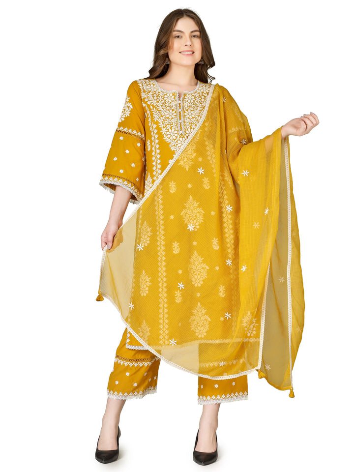 Ladyline Party Wear Chikankari Salwar Kameez Set – Pure Cotton Lucknowi Chikan Embroidered Kurta with Lace Work, Straight Pants & Kota Dupatta