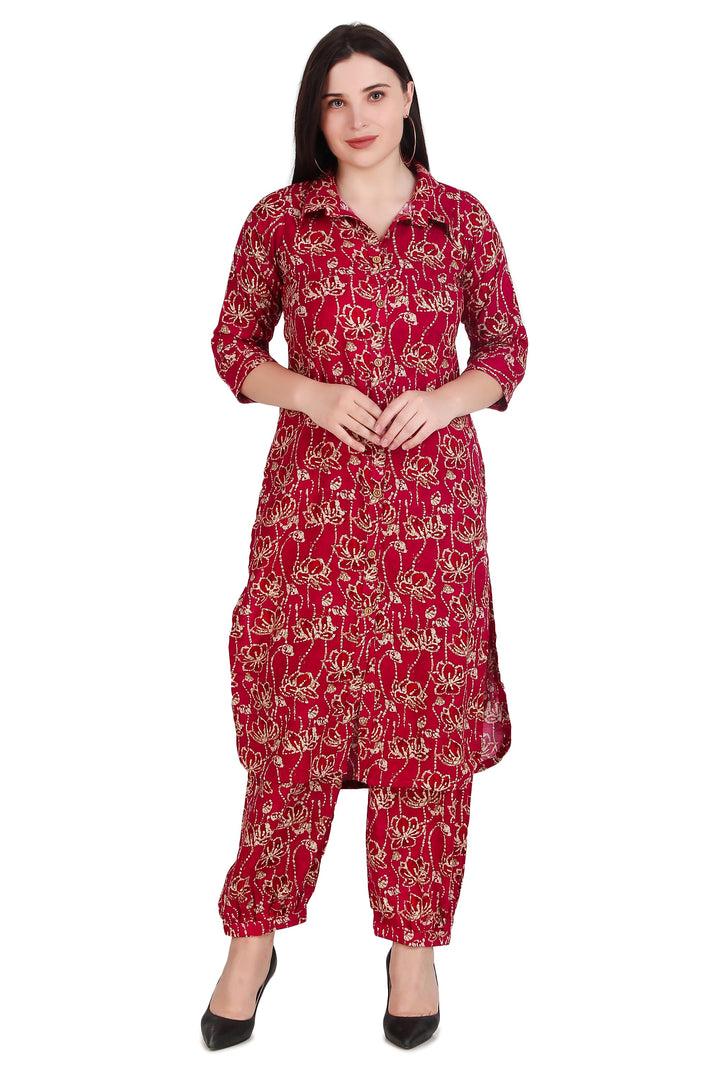 Ladyline Womens Rayon Printed Kurta Shirt with Afghani Salwar Pants | 2-Pcs Co-Ord Set |