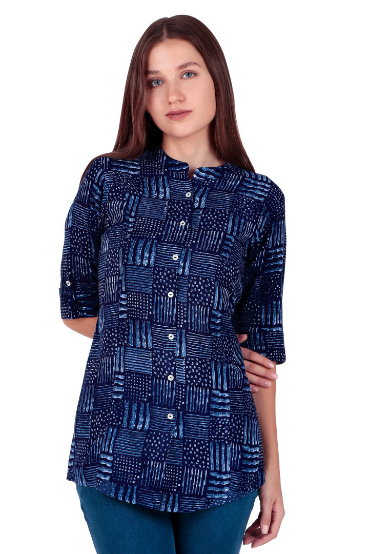 Ladyline Casual Rayon Printed Tunic Top Blouse for Womens Stand Collar Full Button Down Roll-Up SleevesShort Kurti Ethnic Print