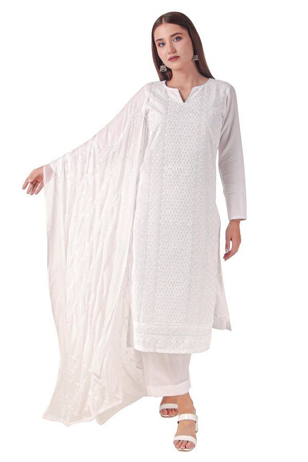 Ladyline White Cotton Chikankari Salwar Kameez Lucknowi Embroidered | Pants & Dupatta Set