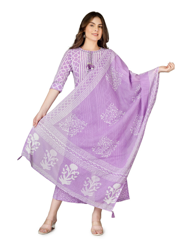 Womens Cotton Salwar Kameez Set with Palazzo & Dupatta – Embroidered Batik Style