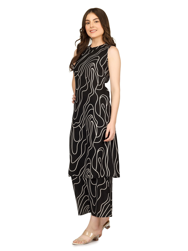 Ladyline Womens 2-Piece Rayon Printed Co-ord Set – Abstract Print Sleeveless Kurta with High Crew Neck and Straight Palazzo Pants - Kurti Tunic Set