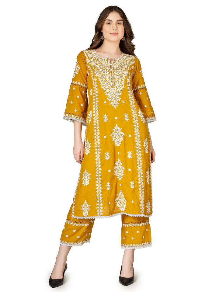 Ladyline Party Wear Chikankari Salwar Kameez Set – Pure Cotton Lucknowi Chikan Embroidered Kurta with Lace Work, Straight Pants & Kota Dupatta