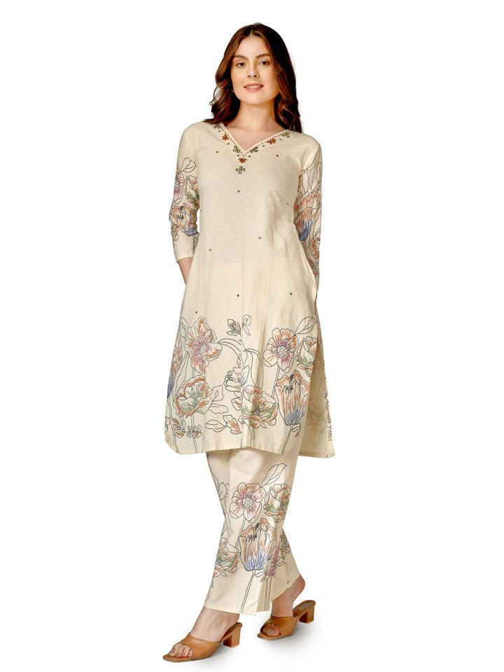 Ladyline Women’s 2 Piece Co-ord Set in Cotton – Kurta with Digital Print & Hand Work - Palazzo Pants – Ethnic Kurti Tunic Pants Set