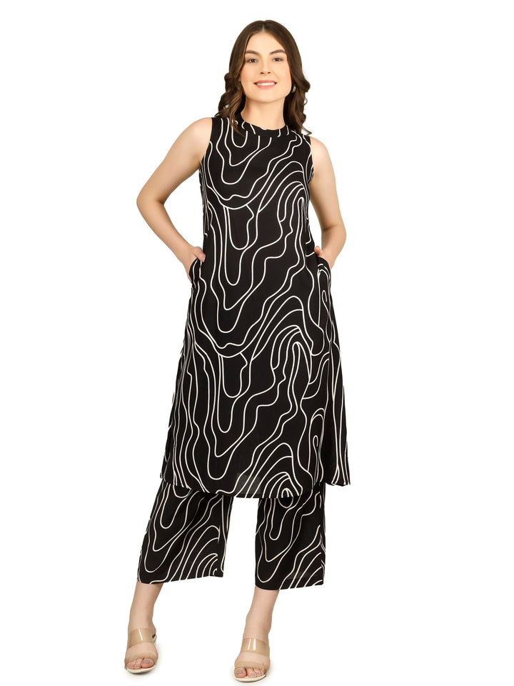 Ladyline Womens 2-Piece Rayon Printed Co-ord Set – Abstract Print Sleeveless Kurta with High Crew Neck and Straight Palazzo Pants - Kurti Tunic Set