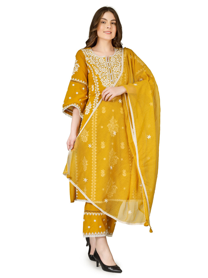 Ladyline Party Wear Chikankari Salwar Kameez Set – Pure Cotton Lucknowi Chikan Embroidered Kurta with Lace Work, Straight Pants & Kota Dupatta