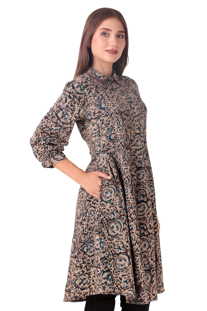 Ladyline Womens Batik Printed Flared Tunic Kurti Hand Work Button Down Collar Mini Dress