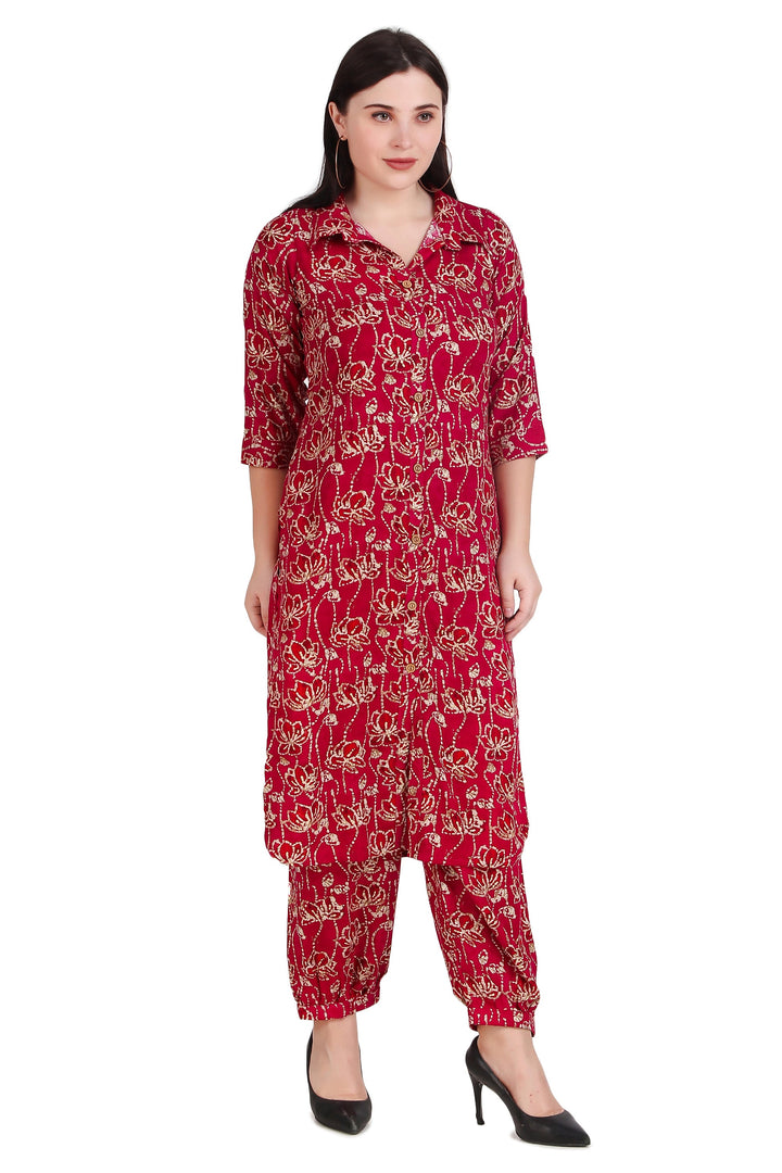 Ladyline Womens Rayon Printed Kurta Shirt with Afghani Salwar Pants | 2-Pcs Co-Ord Set |