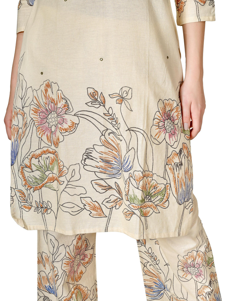 Ladyline Women’s 2 Piece Co-ord Set in Cotton – Kurta with Digital Print & Hand Work - Palazzo Pants – Ethnic Kurti Tunic Pants Set