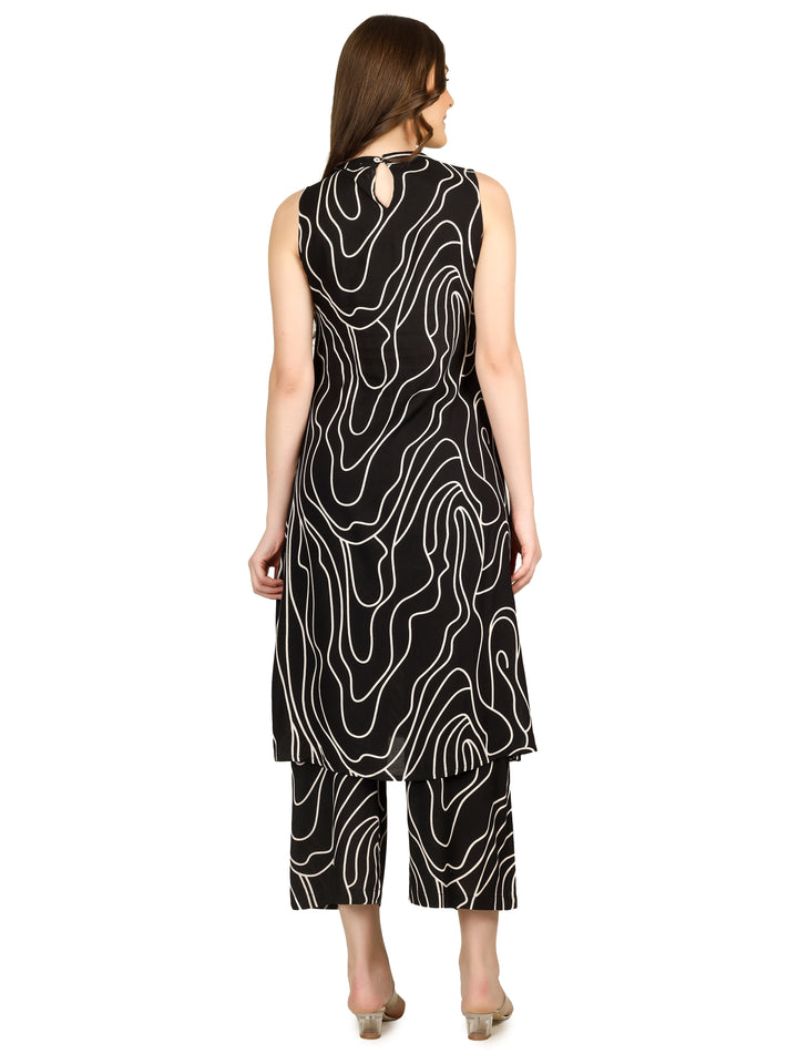 Ladyline Womens 2-Piece Rayon Printed Co-ord Set – Abstract Print Sleeveless Kurta with High Crew Neck and Straight Palazzo Pants - Kurti Tunic Set