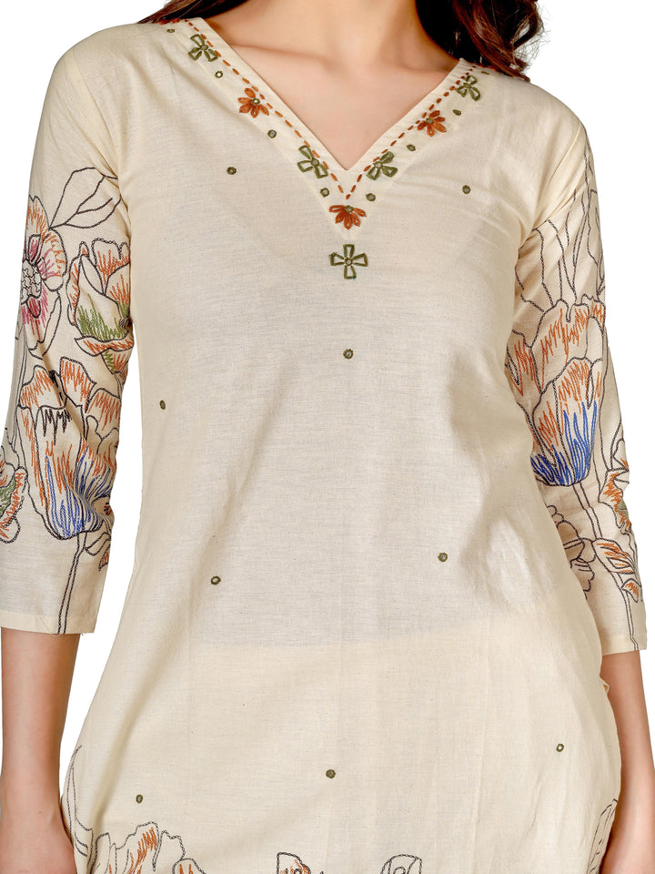 Ladyline Women’s 2 Piece Co-ord Set in Cotton – Kurta with Digital Print & Hand Work - Palazzo Pants – Ethnic Kurti Tunic Pants Set