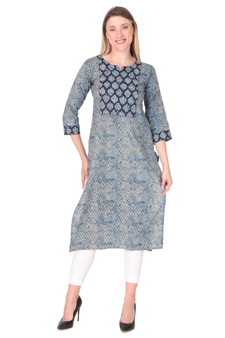 Ladyline Womens Ethnic Printed Hand Work Kurti Tunic in Cotton Knee Length Kurta Top