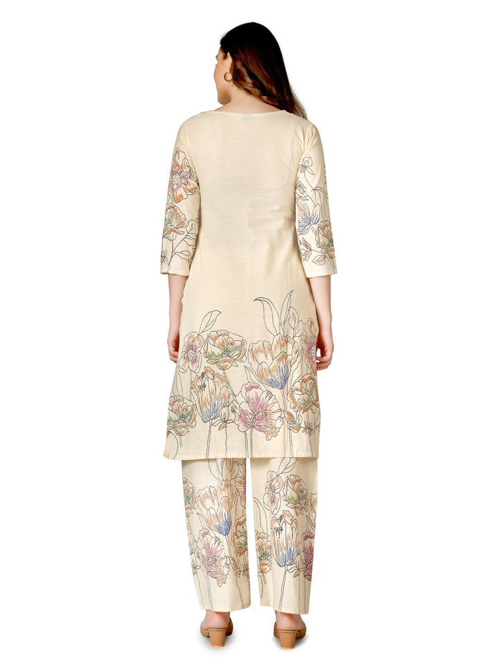 Ladyline Women’s 2 Piece Co-ord Set in Cotton – Kurta with Digital Print & Hand Work - Palazzo Pants – Ethnic Kurti Tunic Pants Set