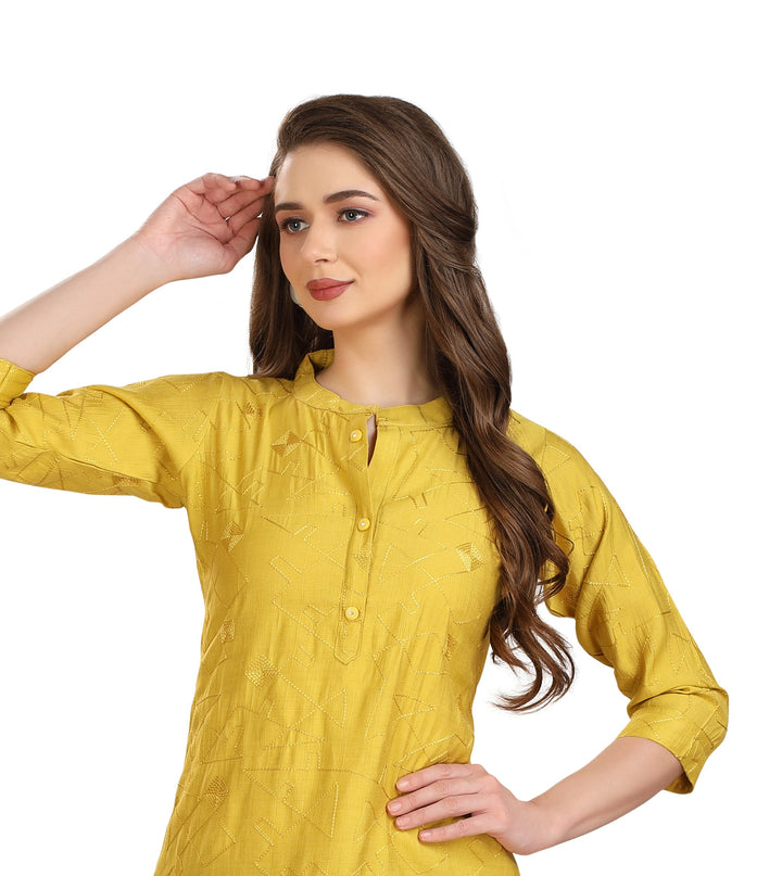 Ladyline Women's Rayon Crepe Embroidered Tunic Top Henley Neck Button Down Short Kurti