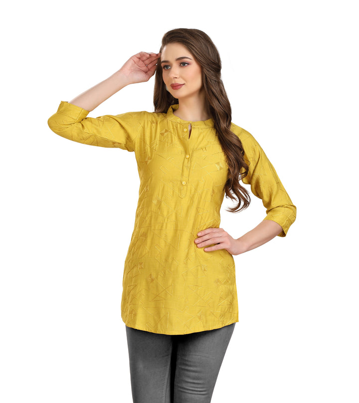 Ladyline Women's Rayon Crepe Embroidered Tunic Top Henley Neck Button Down Short Kurti