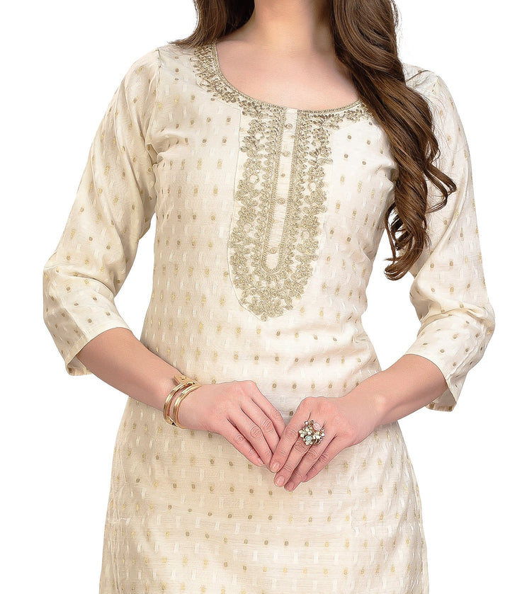 Ladyline Womens Brocade Silk Tunic Kurti Top Formal Golden Embroidery Kurta Round Neck