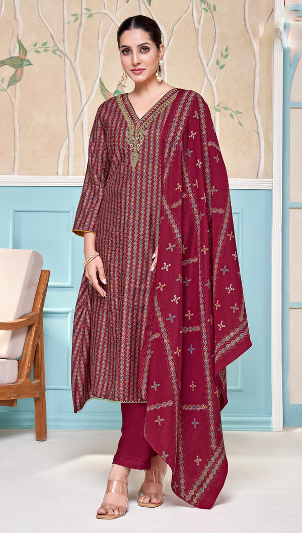 Elegant Modal Silk Salwar Kameez Set – Printed Embroidered Anarkali Style
