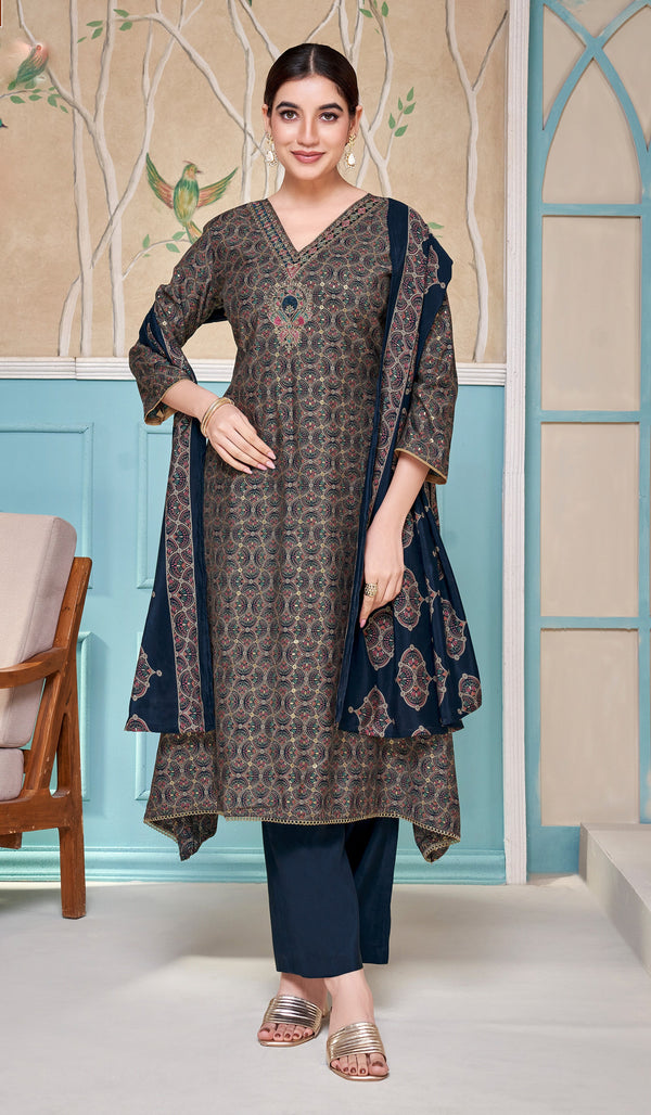 Elegant Modal Silk Salwar Kameez Set – Printed Embroidered Anarkali Style