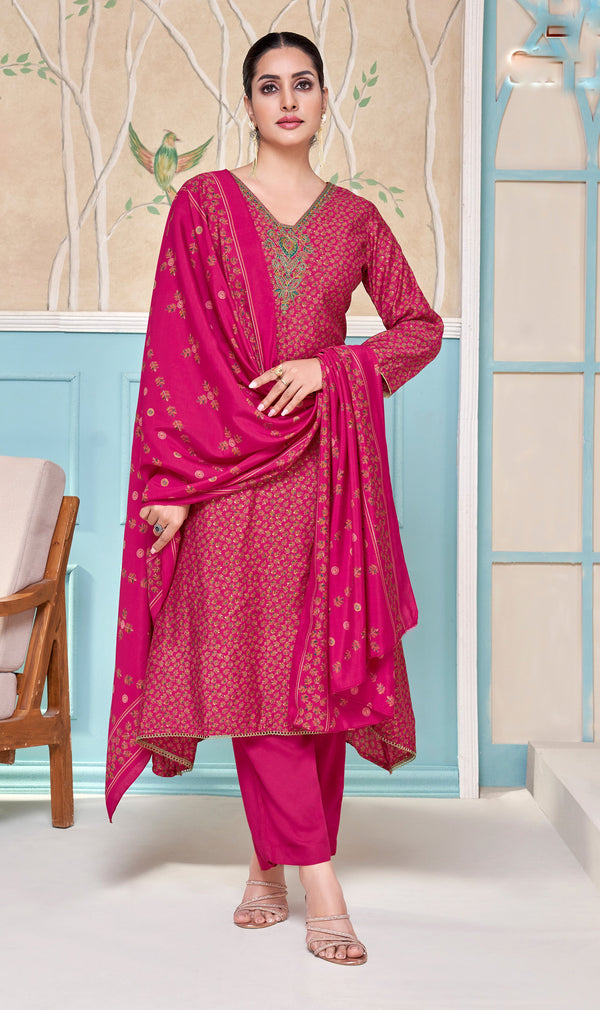 Elegant Modal Silk Salwar Kameez Set – Printed Embroidered Anarkali Style