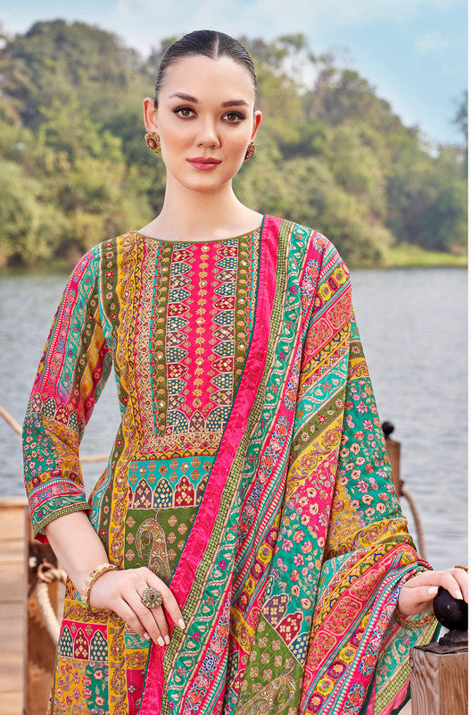 Ladyline Maslin Silk Printed Aari Embroidered Salwar Kameez Suit Set | Elegant Indian Pakistani Dress