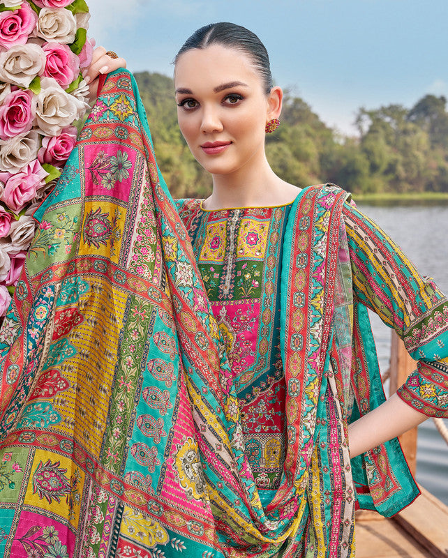 Ladyline Maslin Silk Printed Aari Embroidered Salwar Kameez Suit Set | Elegant Indian Pakistani Dress