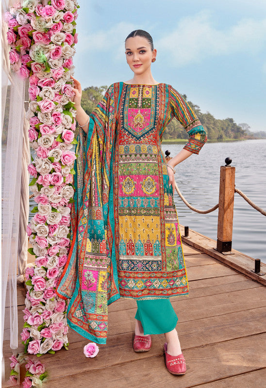 Ladyline Maslin Silk Printed Aari Embroidered Salwar Kameez Suit Set | Elegant Indian Pakistani Dress