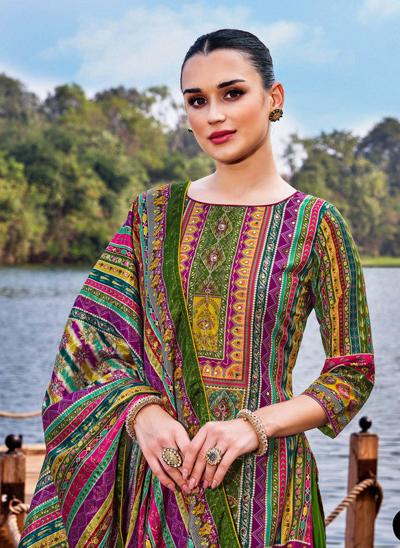 Ladyline Maslin Silk Printed Aari Embroidered Salwar Kameez Suit Set | Elegant Indian Pakistani Dress