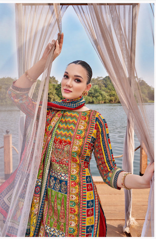 Ladyline Maslin Silk Printed Aari Embroidered Salwar Kameez Suit Set | Elegant Indian Pakistani Dress