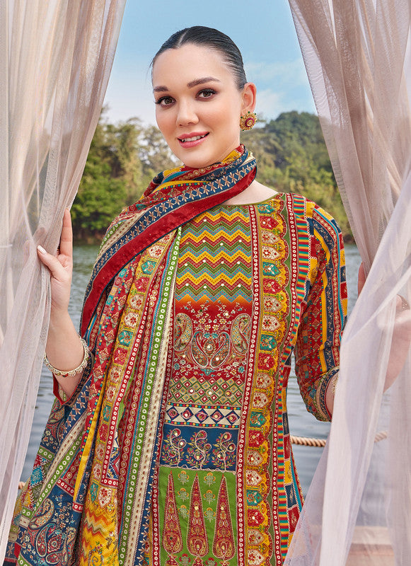 Ladyline Maslin Silk Printed Aari Embroidered Salwar Kameez Suit Set | Elegant Indian Pakistani Dress