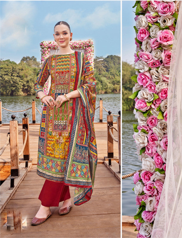 Ladyline Maslin Silk Printed Aari Embroidered Salwar Kameez Suit Set | Elegant Indian Pakistani Dress