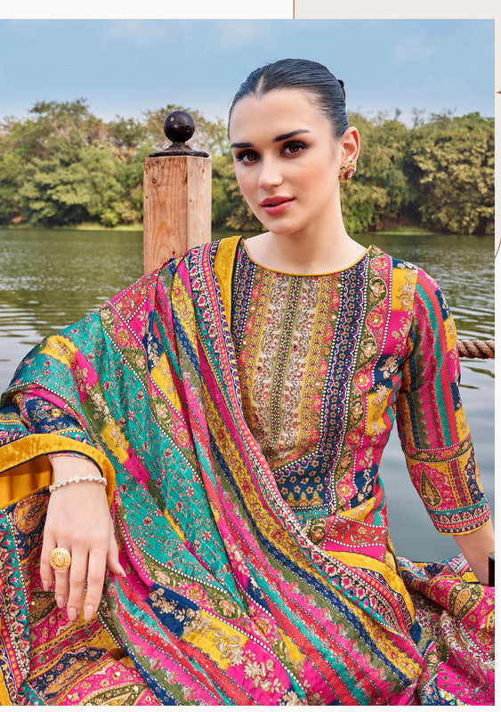 Ladyline Maslin Silk Printed Aari Embroidered Salwar Kameez Suit Set | Elegant Indian Pakistani Dress