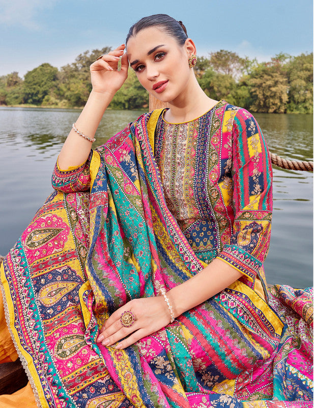 Ladyline Maslin Silk Printed Aari Embroidered Salwar Kameez Suit Set | Elegant Indian Pakistani Dress