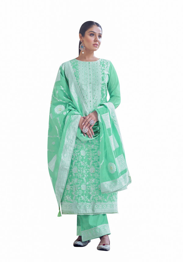 Ladyline Formal Brocade Cotton Silk Salwar Kameez Hand Work with Weaving Dupatta and Palazzo Pants