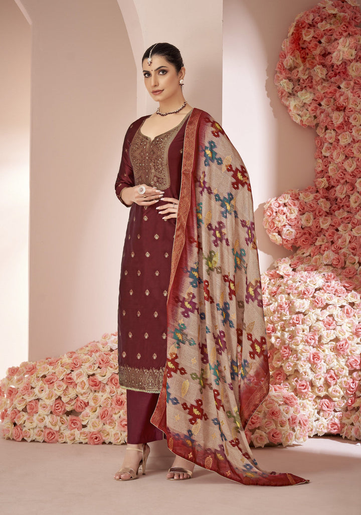 Ladyline Formal Brocade Silk Handwork Long Salwar Kameez with Fancy Printed Banarasi Dupatta