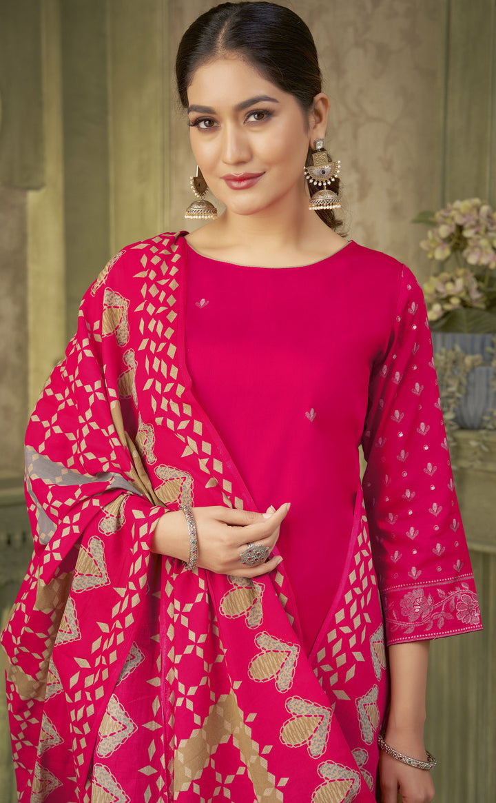 Ladyline Women's Cotton Salwar Kameez Set – Printed Kurta with Embroidery, Rayon Palazzo Pants & Lawn Dupatta – Ethnic Outfit for Festivals & Parties