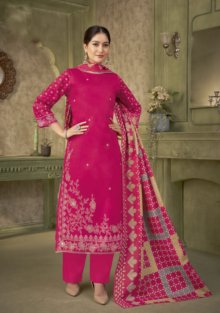 Ladyline Women's Cotton Salwar Kameez Set – Printed Kurta with Embroidery, Rayon Palazzo Pants & Lawn Dupatta – Ethnic Outfit for Festivals & Parties