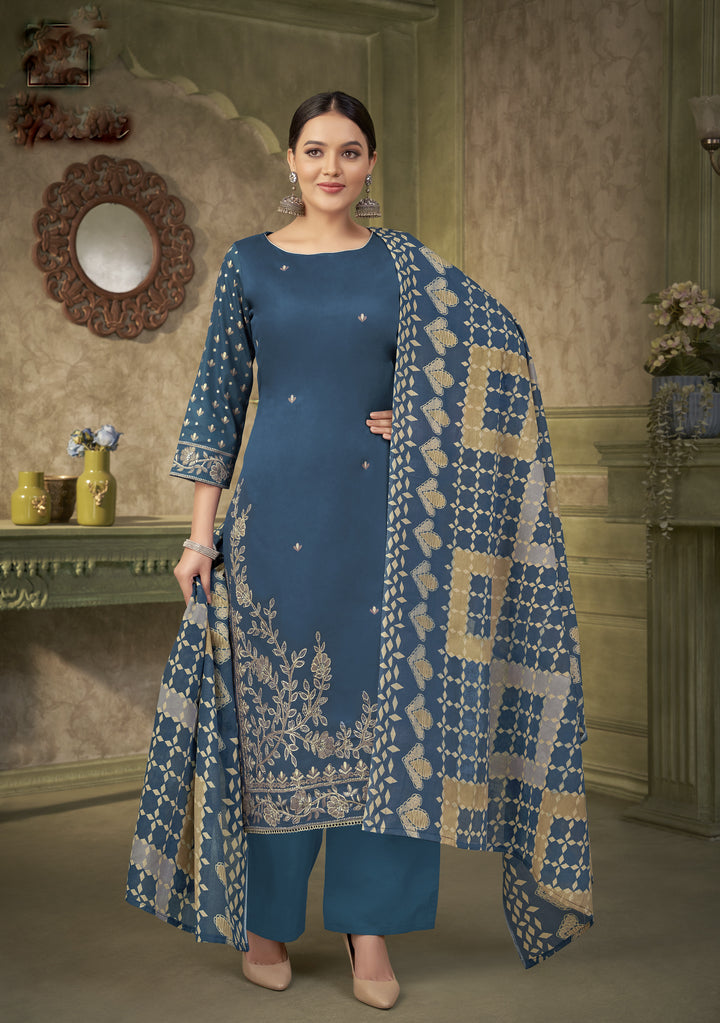 Ladyline Women's Cotton Salwar Kameez Set – Printed Kurta with Embroidery, Rayon Palazzo Pants & Lawn Dupatta – Ethnic Outfit for Festivals & Parties