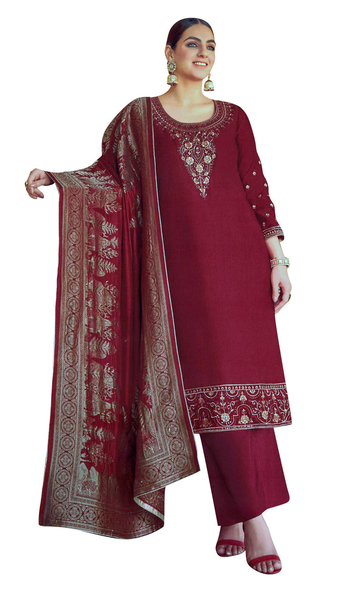 Ladyline Silk Embroidered Salwar Kameez Suit Womens Hand work with Brocade Silk Dupatta