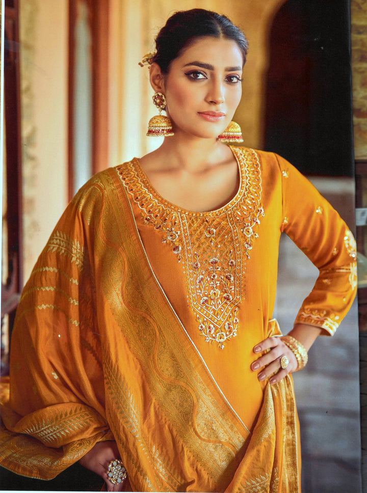 Ladyline Silk Embroidered Salwar Kameez Suit Womens Hand work with Brocade Silk Dupatta