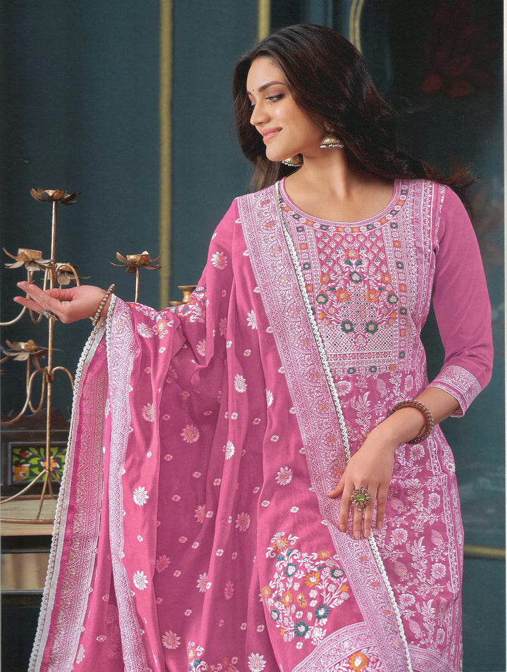 Ladyline Formal Brocade Cotton Silk Salwar Kameez Hand Work with Weaving Dupatta and Palazzo Pants