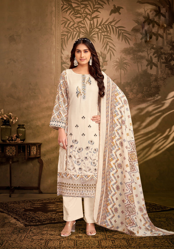 Ladyline Partywear Ivory Rayon Salwar Kameez Womens Embroidered Sequins with Back Printed