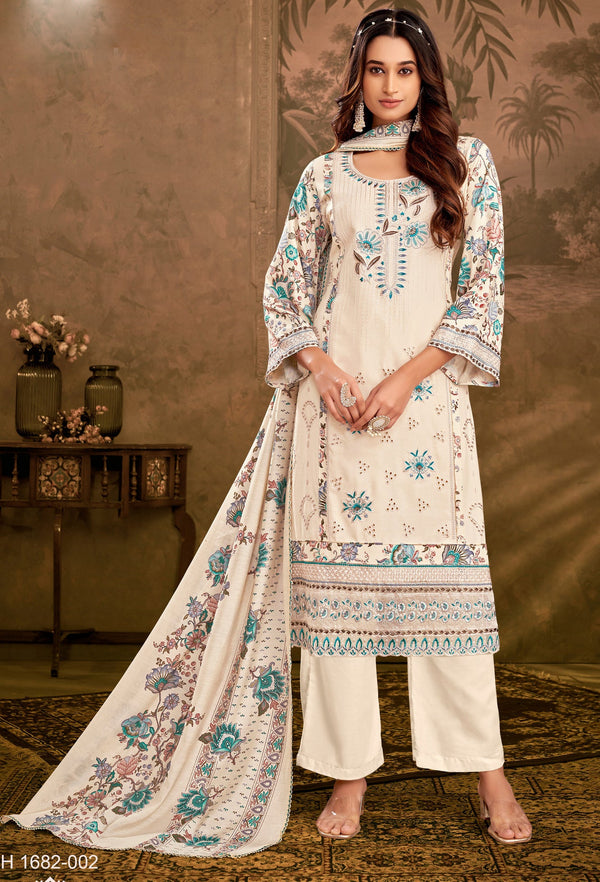 Ladyline Partywear Ivory Rayon Salwar Kameez Womens Embroidered Sequins with Back Printed