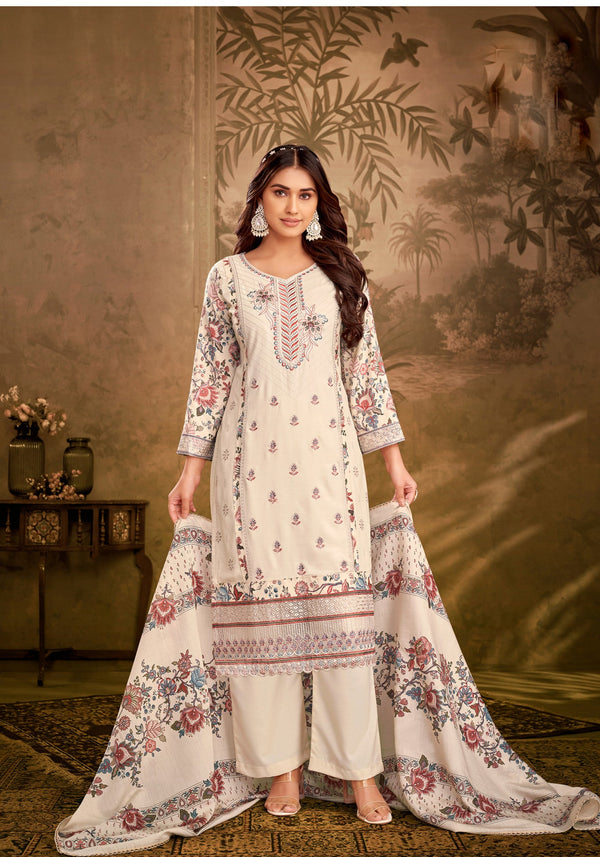 Ladyline Partywear Ivory Rayon Salwar Kameez Womens Embroidered Sequins with Back Printed